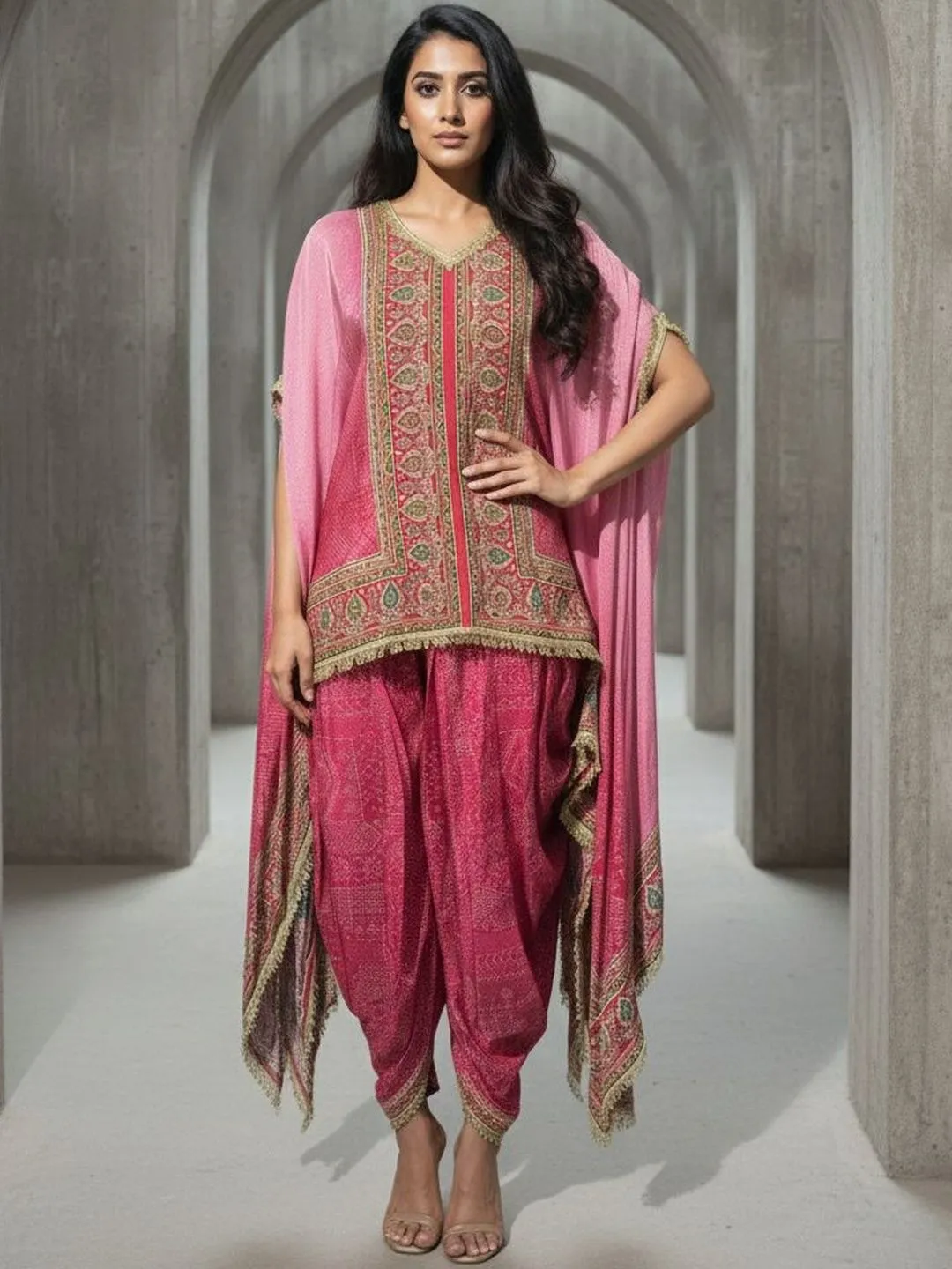 Women's Pink Natural Crape Kafftan Fusion Printed  Top & Bottom 