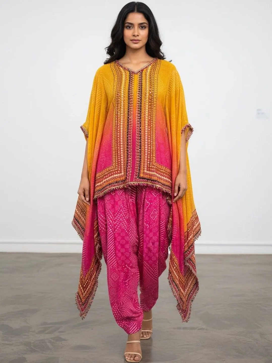 Women's Orange and Yellow  Natural Crape Kafftan Fusion Printed  Top & Bottom 