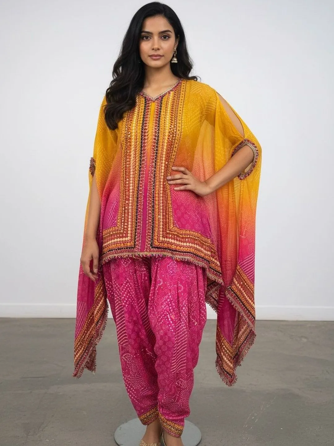 Women's Orange and Yellow  Natural Crape Kafftan Fusion Printed  Top & Bottom 