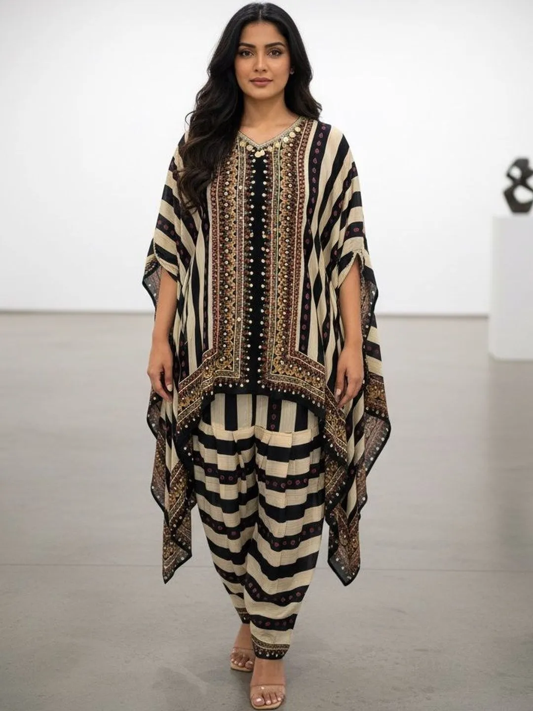 Women's Black and White  Natural Crape Kafftan Fusion Printed  Top & Bottom