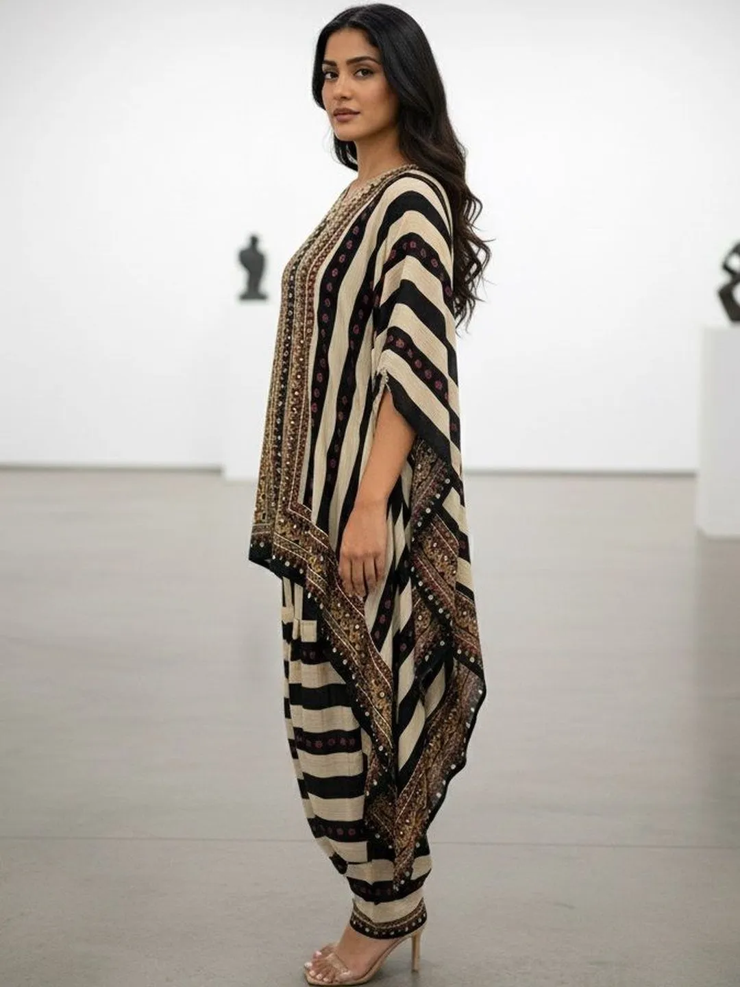 Women's Black and White  Natural Crape Kafftan Fusion Printed  Top & Bottom