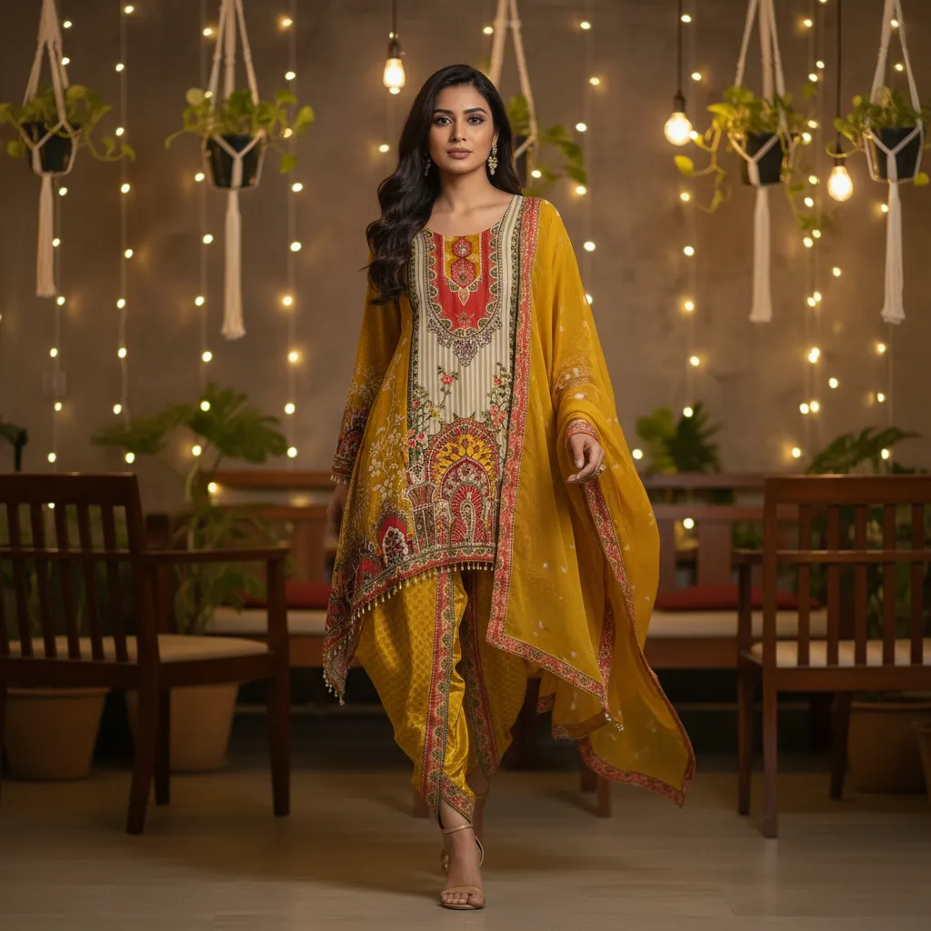 Women's Yellow Natural Crape A-line Kurta set  Printed  Top & Bottom with Dupatta