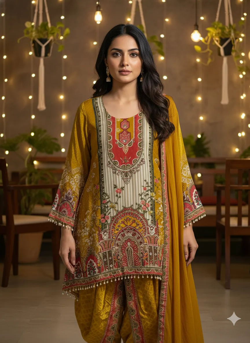 Women's Yellow Natural Crape A-line Kurta set  Printed  Top & Bottom with Dupatta
