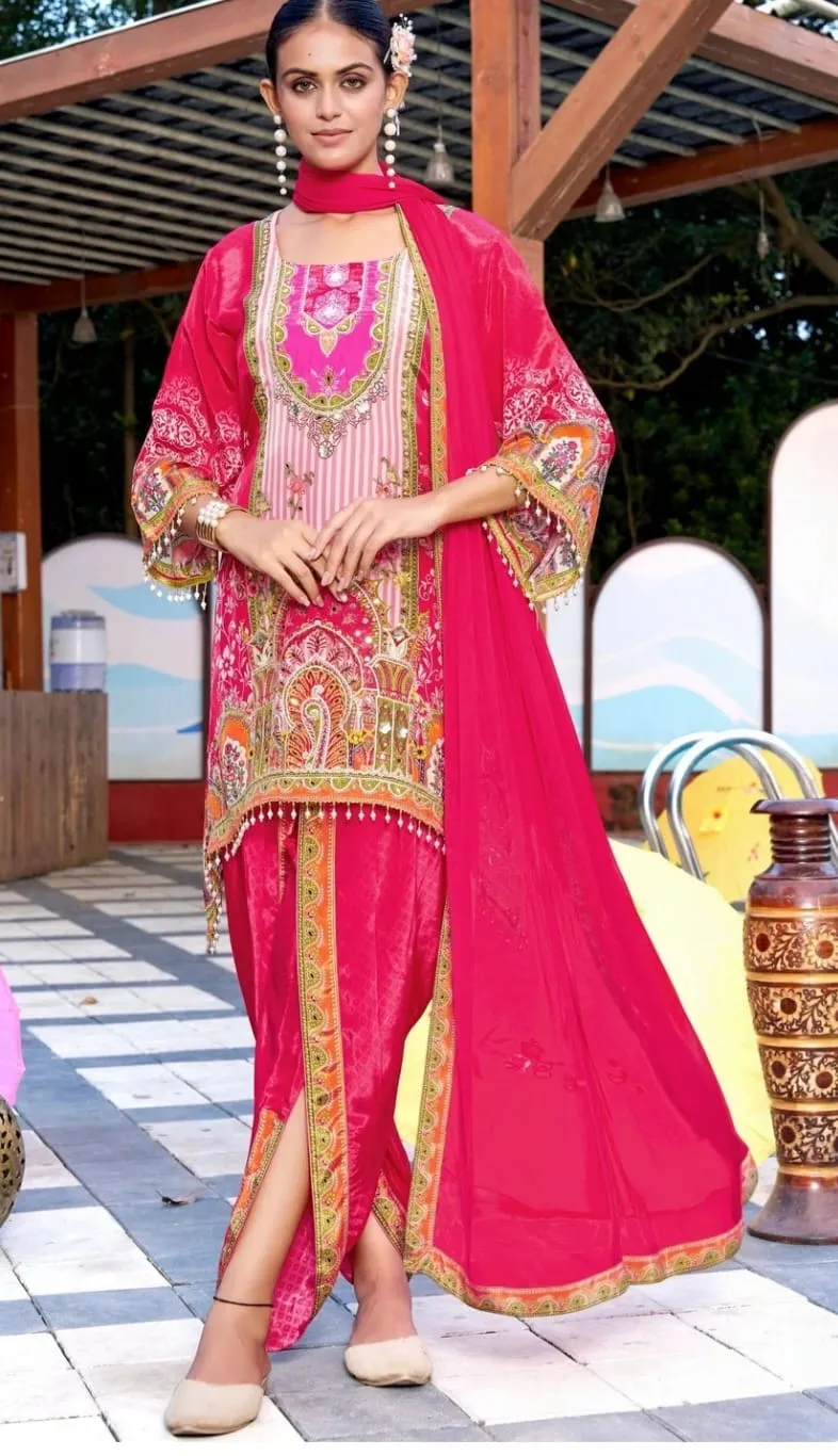 Women's Rani Pink Natural Crape A-line Kurta set  Printed  Top & Plazzo Pant with Dupatta