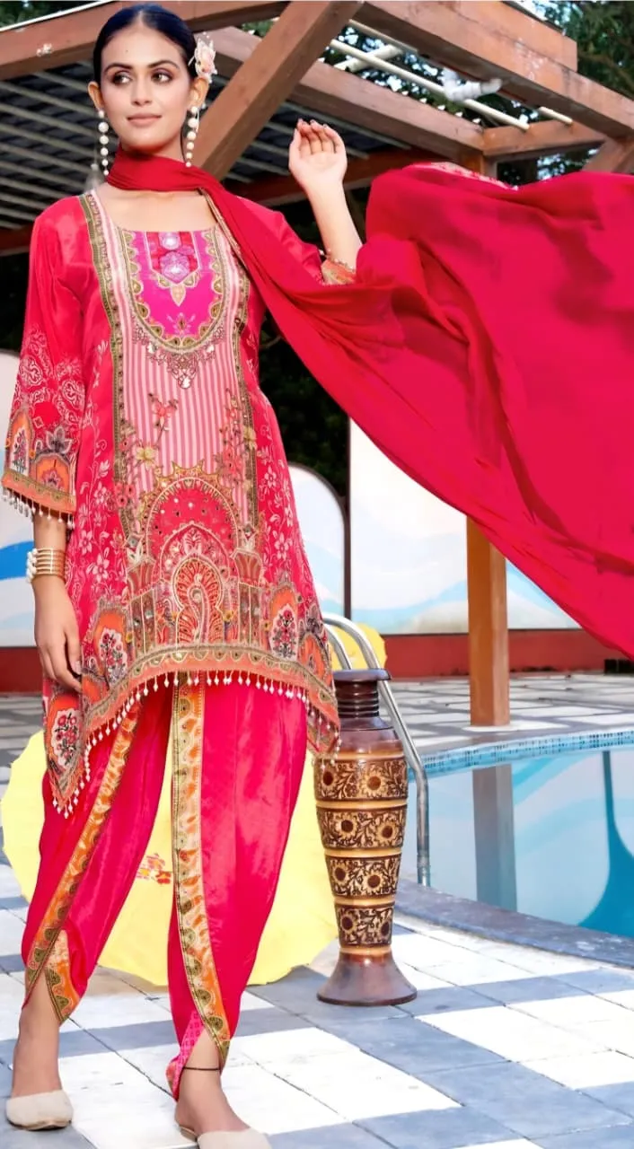 Women's Rani Pink Natural Crape A-line Kurta set  Printed  Top & Plazzo Pant with Dupatta