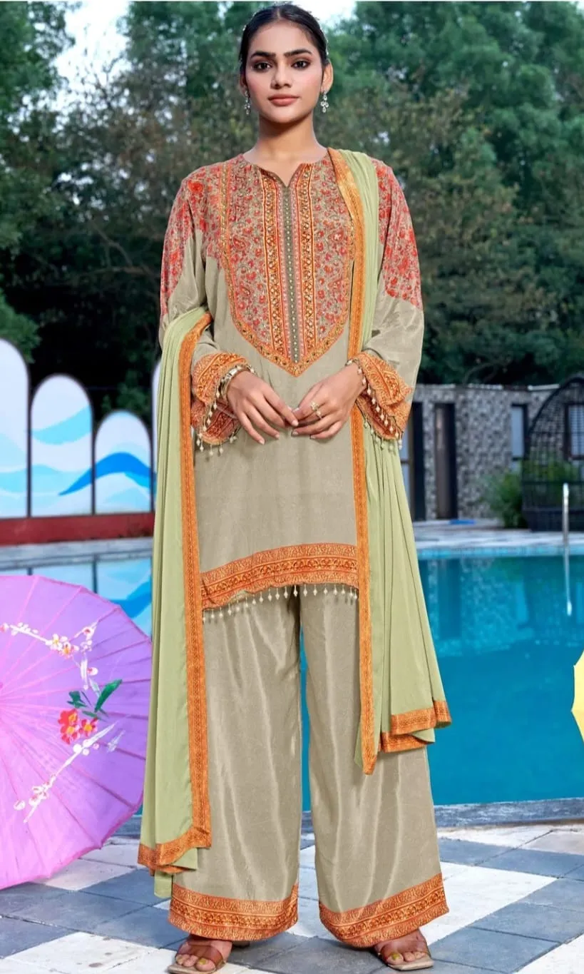 Women's Dusty Green Crape A-line Kurta set  Printed  Top & Plazzo Pant with Dupatta