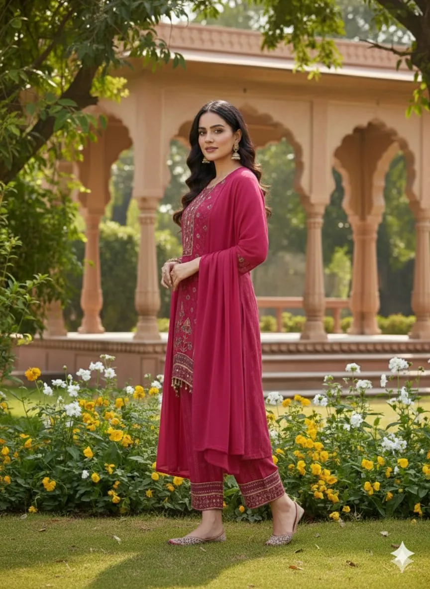 Women's Rani Pink  Crape A-line Kurta set  Printed  Top & Plazzo Pant with Dupatta