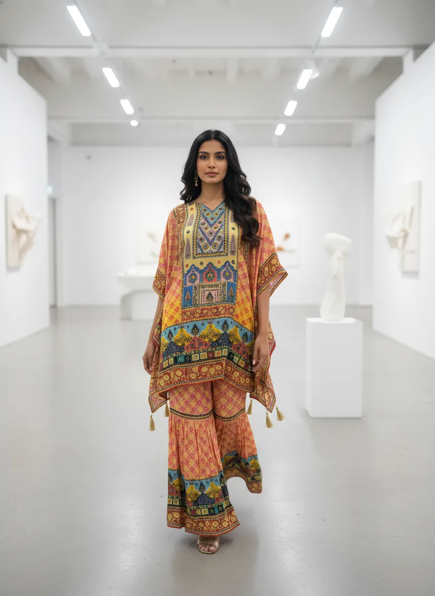 Women's Orange, Red, Musterd and Ylellow  Natural Crape Kafftan  Printed  Top & Bottom