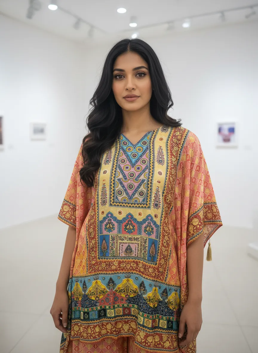 Women's Orange, Red, Musterd and Ylellow  Natural Crape Kafftan  Printed  Top & Bottom