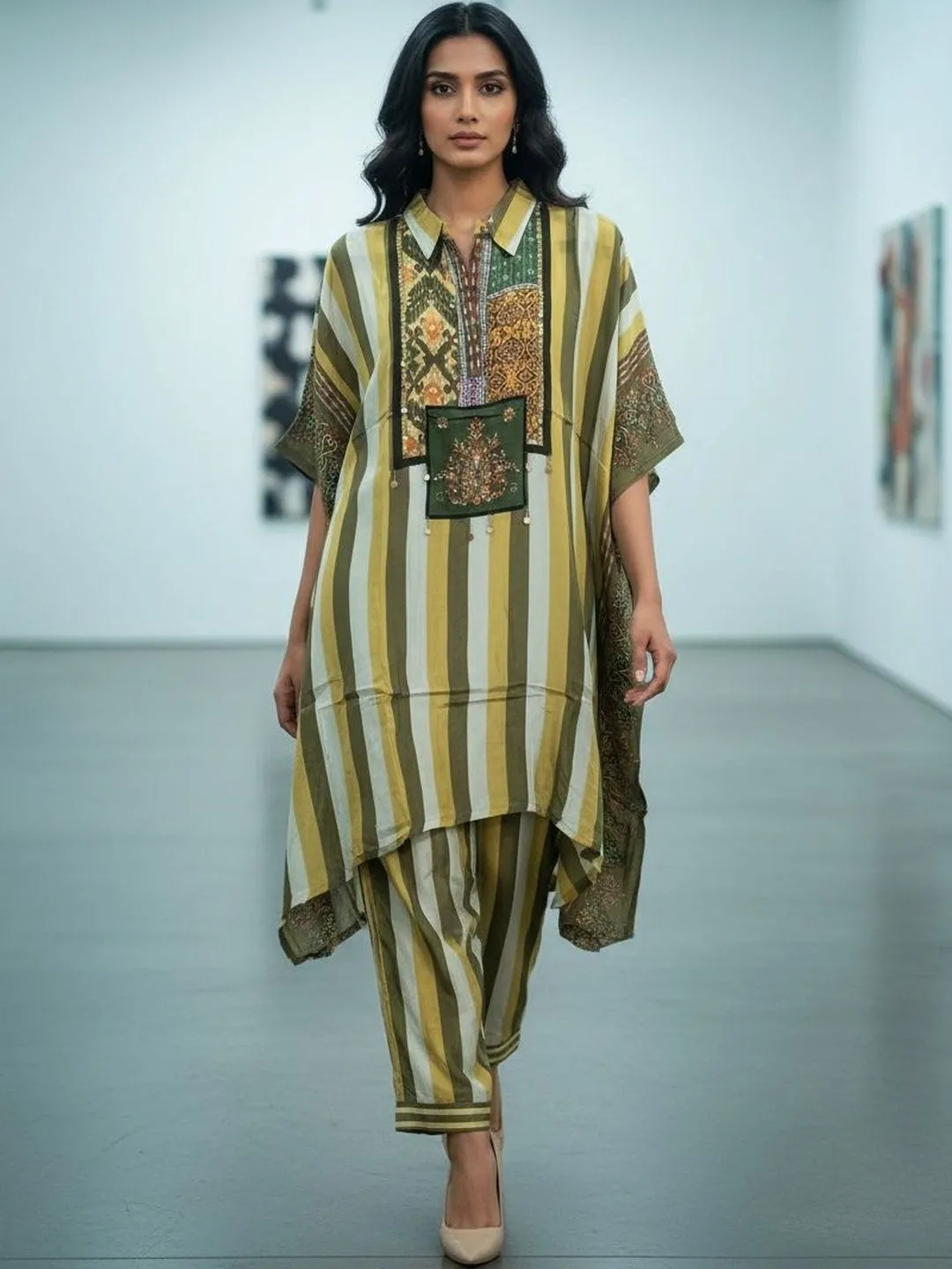 Women's Olive Green Natural Crape Kafftan  Printed  Top & Bottom