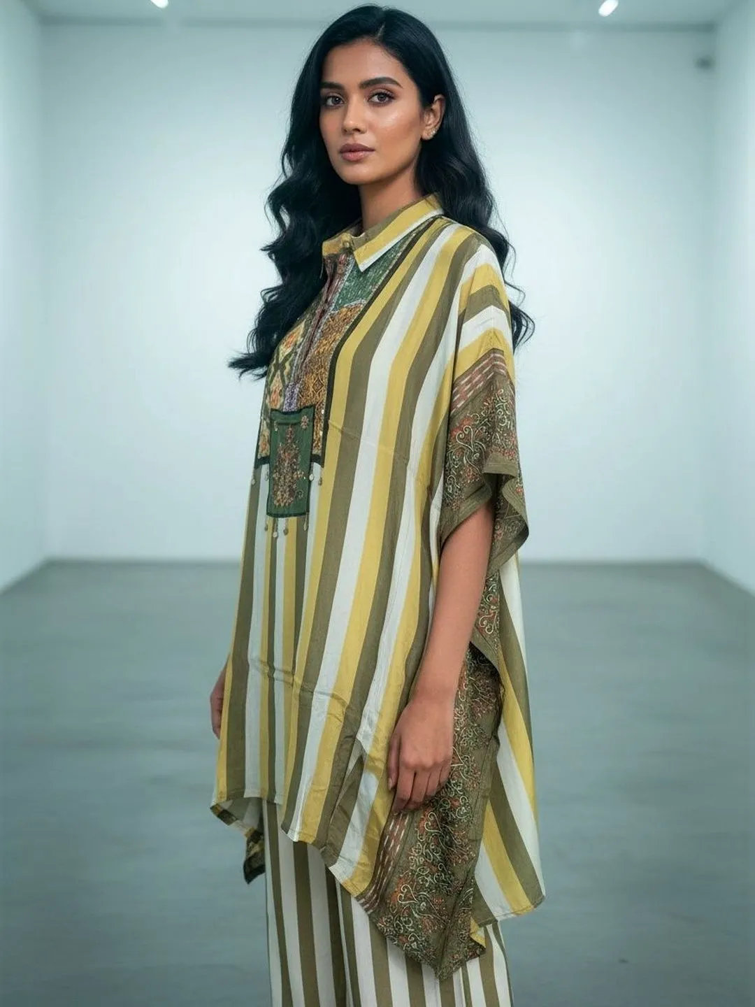 Women's Olive Green Natural Crape Kafftan  Printed  Top & Bottom