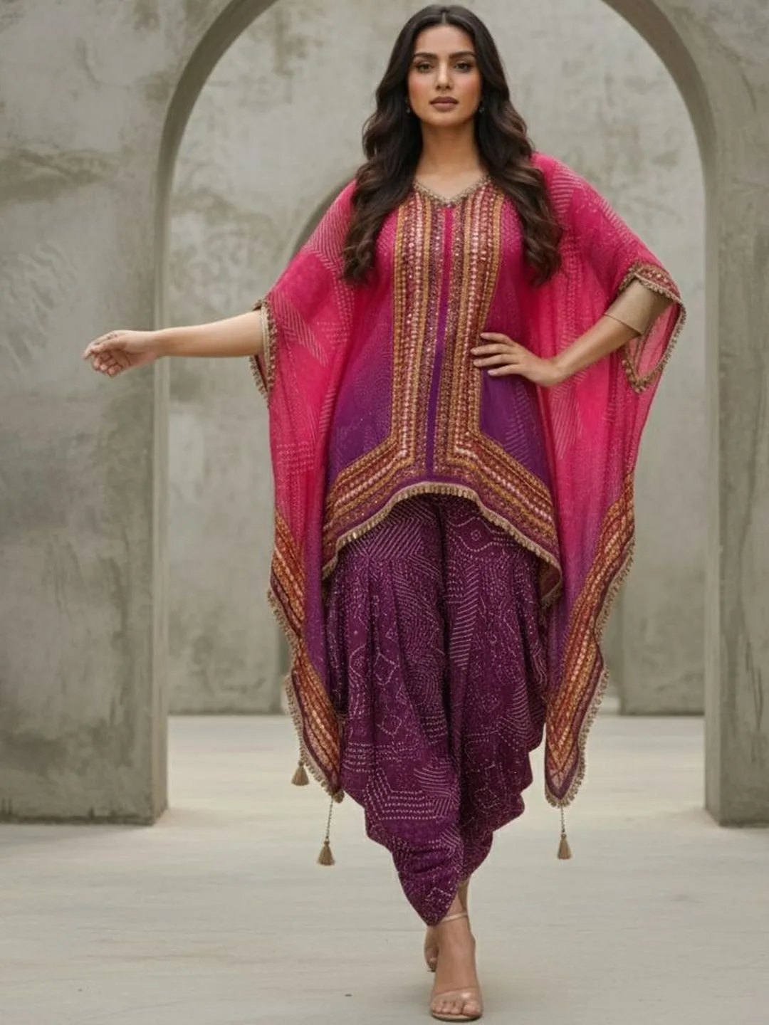 Women's Pink & Purple  Natural Crape Kafftan Fusion Printed  Top & Bottom