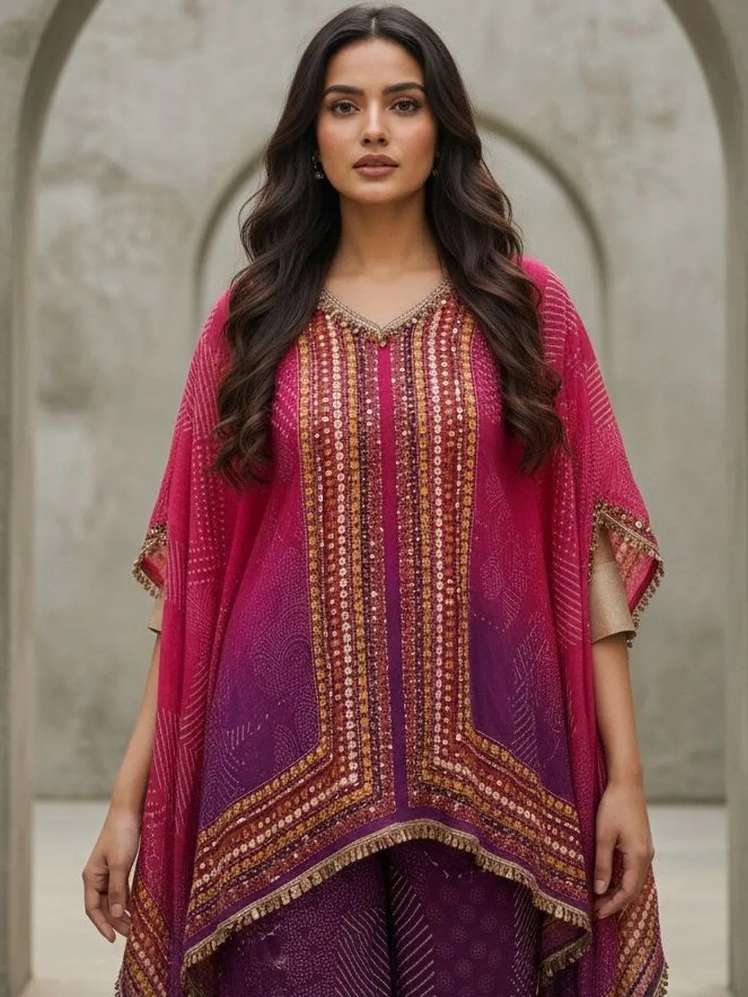 Women's Pink & Purple  Natural Crape Kafftan Fusion Printed  Top & Bottom