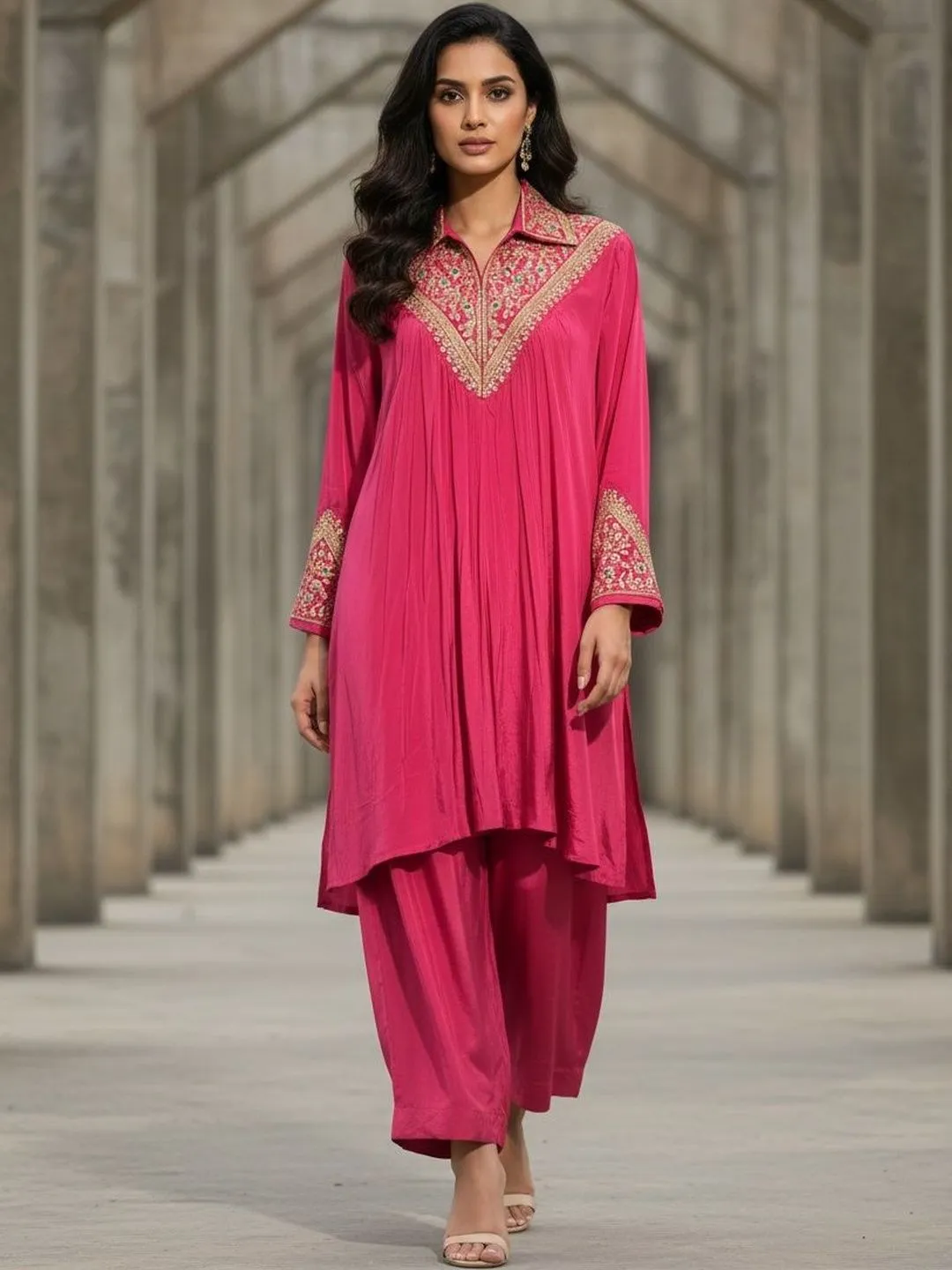 Women's Pink Natural Crape Fusion Dyed Top & Sharara