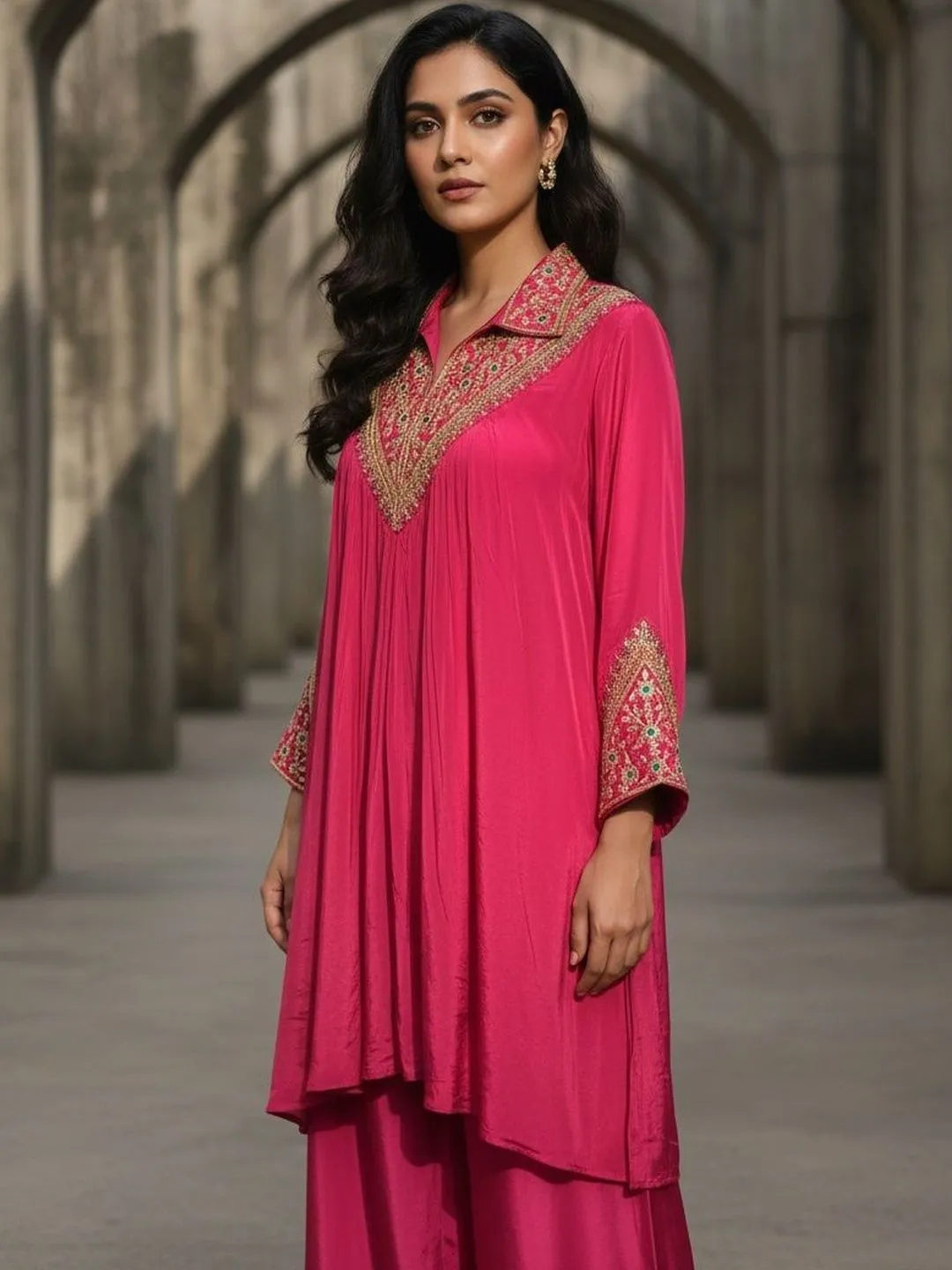 Women's Pink Natural Crape Fusion Dyed Top & Sharara