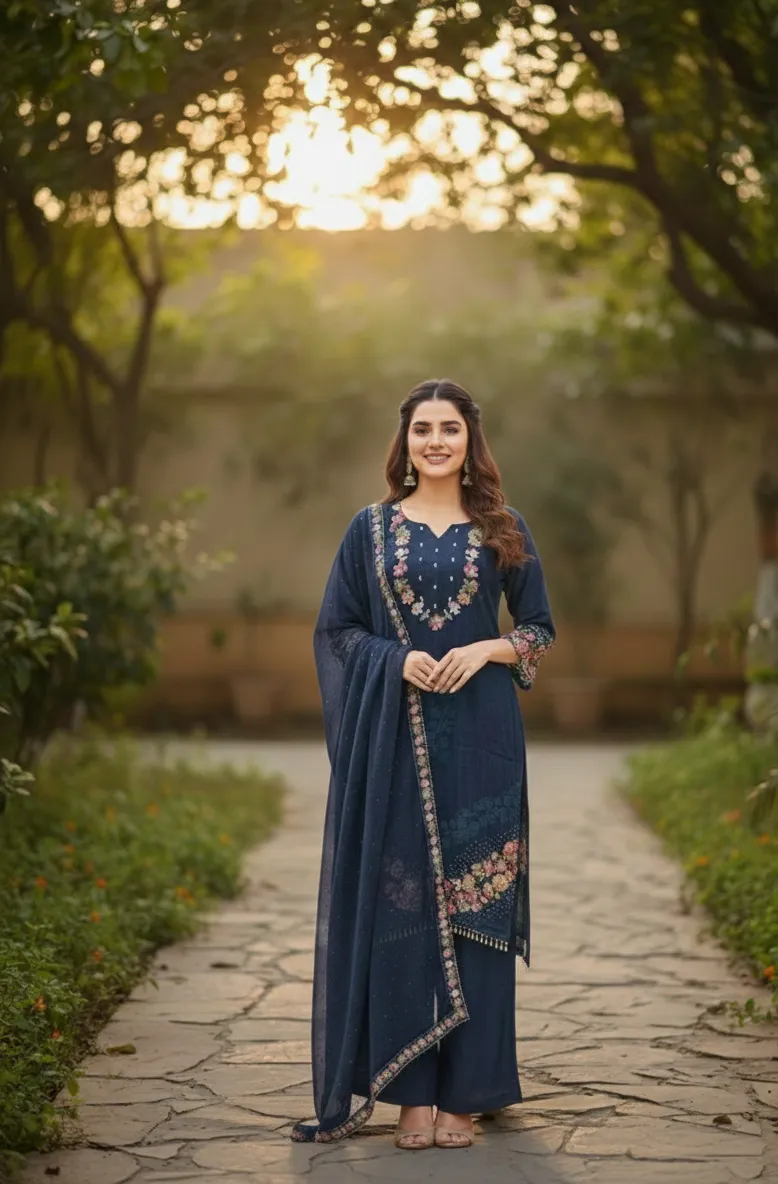 Women's Navy Blue Natural Crape A-line Printed Kurti and Trouser with Dyed Dupatta