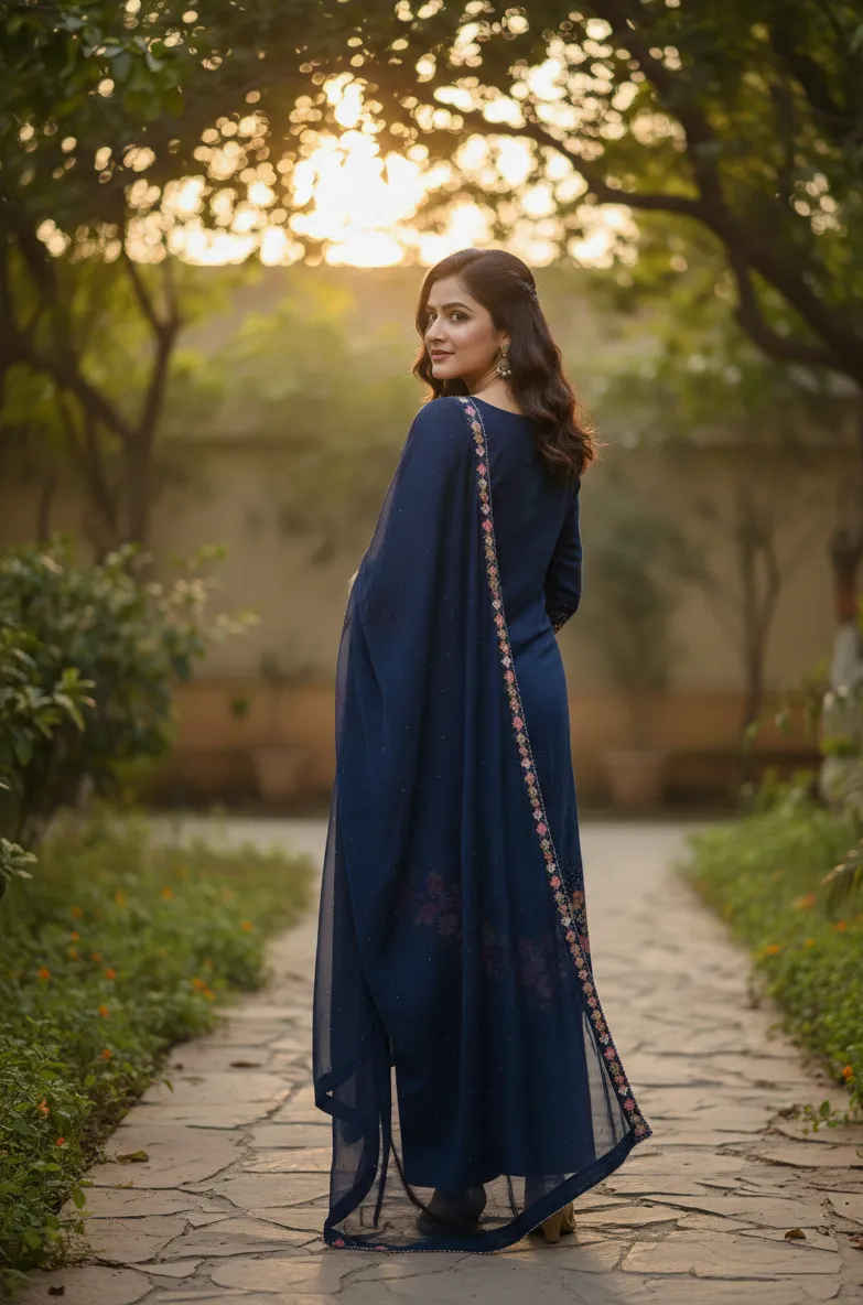 Women's Navy Blue Natural Crape A-line Printed Kurti and Trouser with Dyed Dupatta