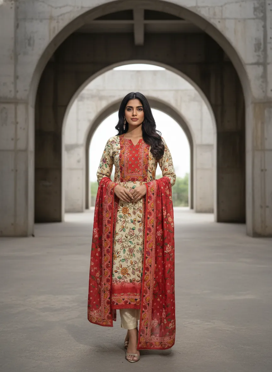 Women's Off White and Red Natural Crape Floral Printed Kurti and Trouser with Printed Dupatta