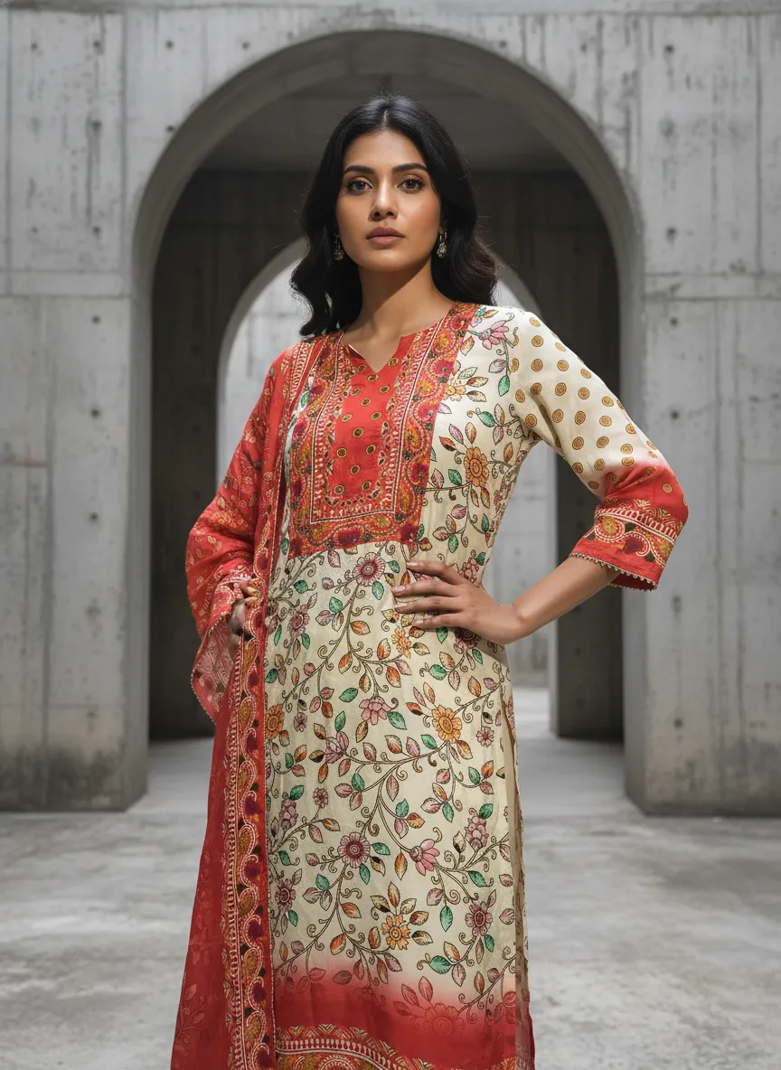 Women's Off White and Red Natural Crape Floral Printed Kurti and Trouser with Printed Dupatta