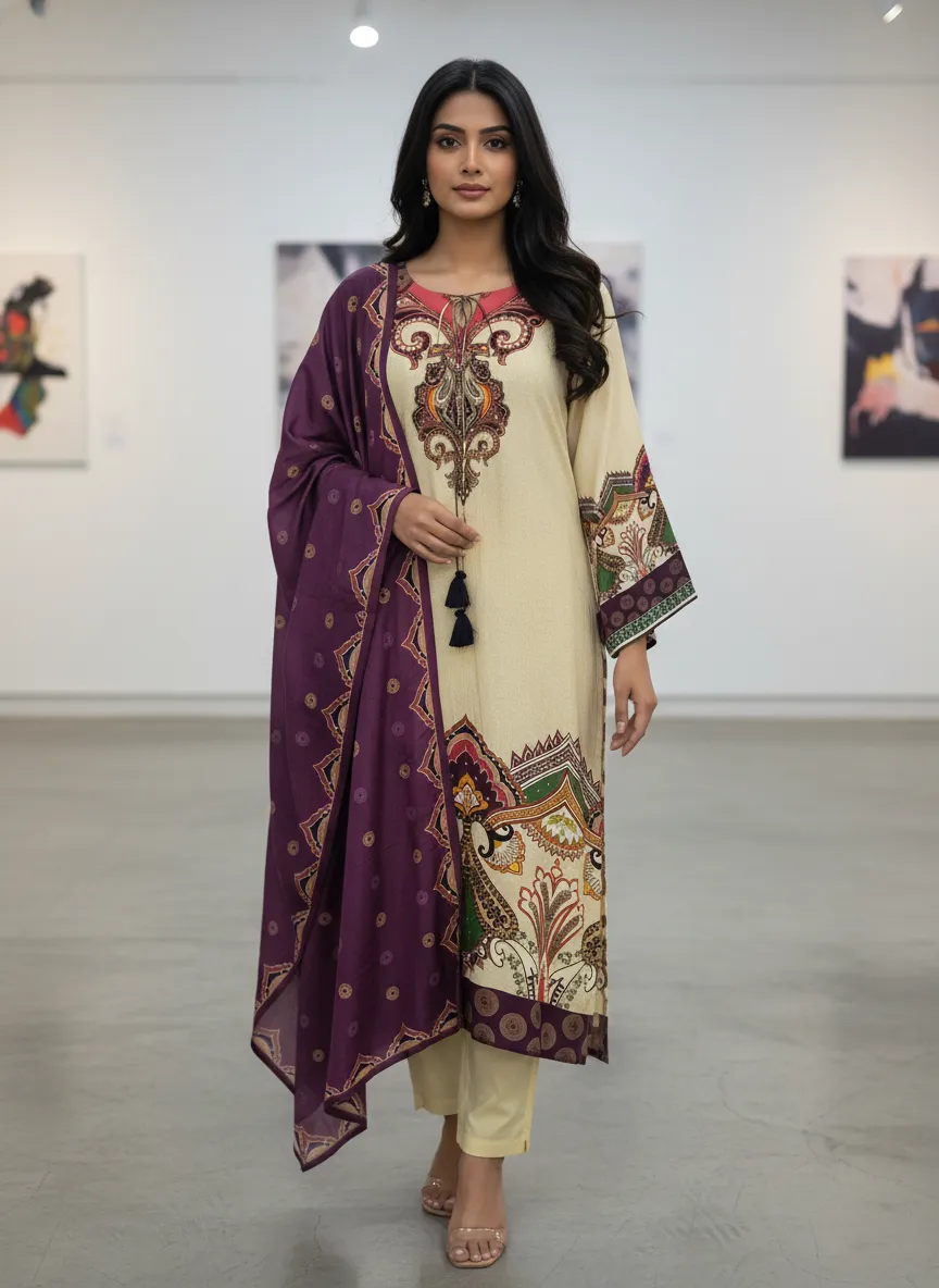 Women's Cream and Purple Musline  Floral Printed Kurti and Trouser with Printed Dupatta