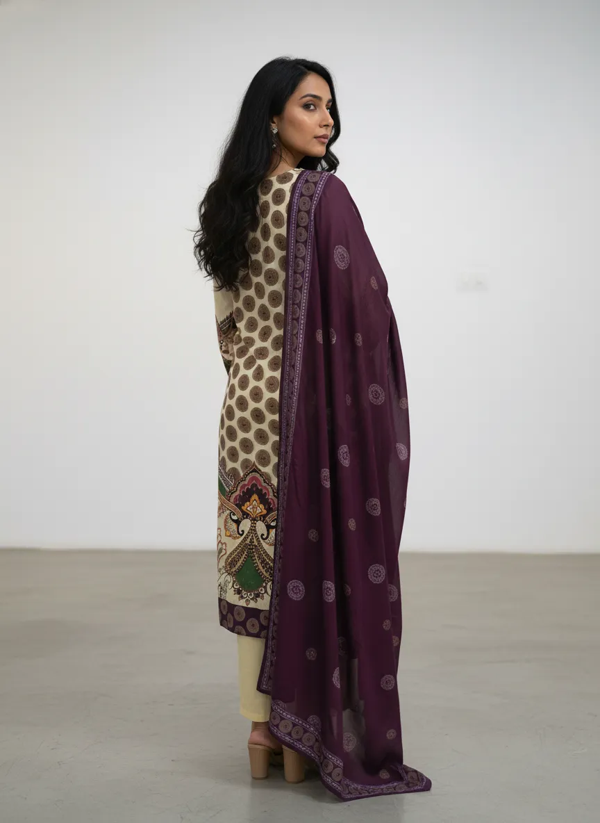 Women's Cream and Purple Musline  Floral Printed Kurti and Trouser with Printed Dupatta