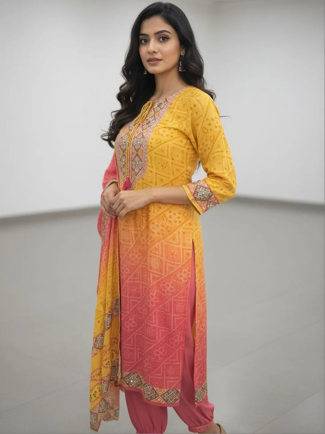 Women's Orange and yellow Musline  Floral Printed Kurti and Trouser with Printed Dupatta