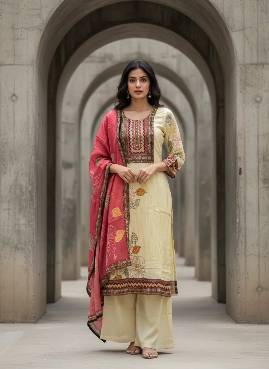 Women's Off White and Red Natural Crape Floral Printed Kurti and Trouser with Printed Dupatta