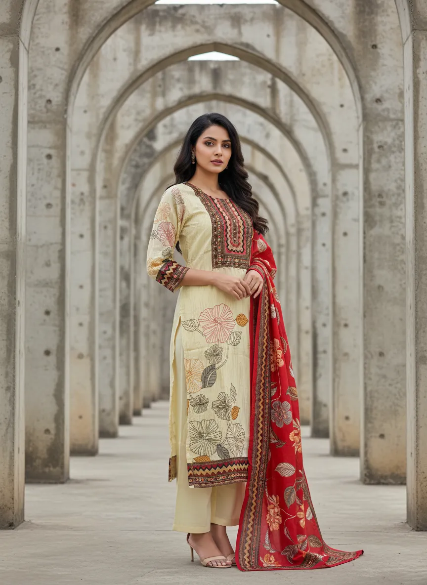 Women's Off White and Red Natural Crape Floral Printed Kurti and Trouser with Printed Dupatta