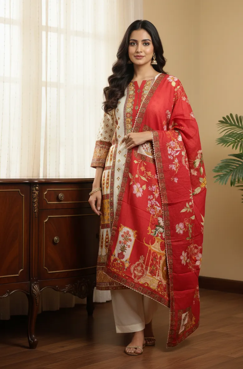 Women's Off White and Red Natural Crape Floral Printed Kurti and Trouser with Printed Dupatta