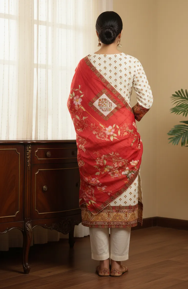 Women's Off White and Red Natural Crape Floral Printed Kurti and Trouser with Printed Dupatta