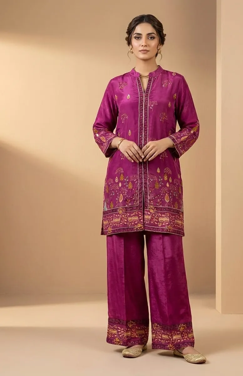 Women's Purple Crape Floral Printed Co-Ords set