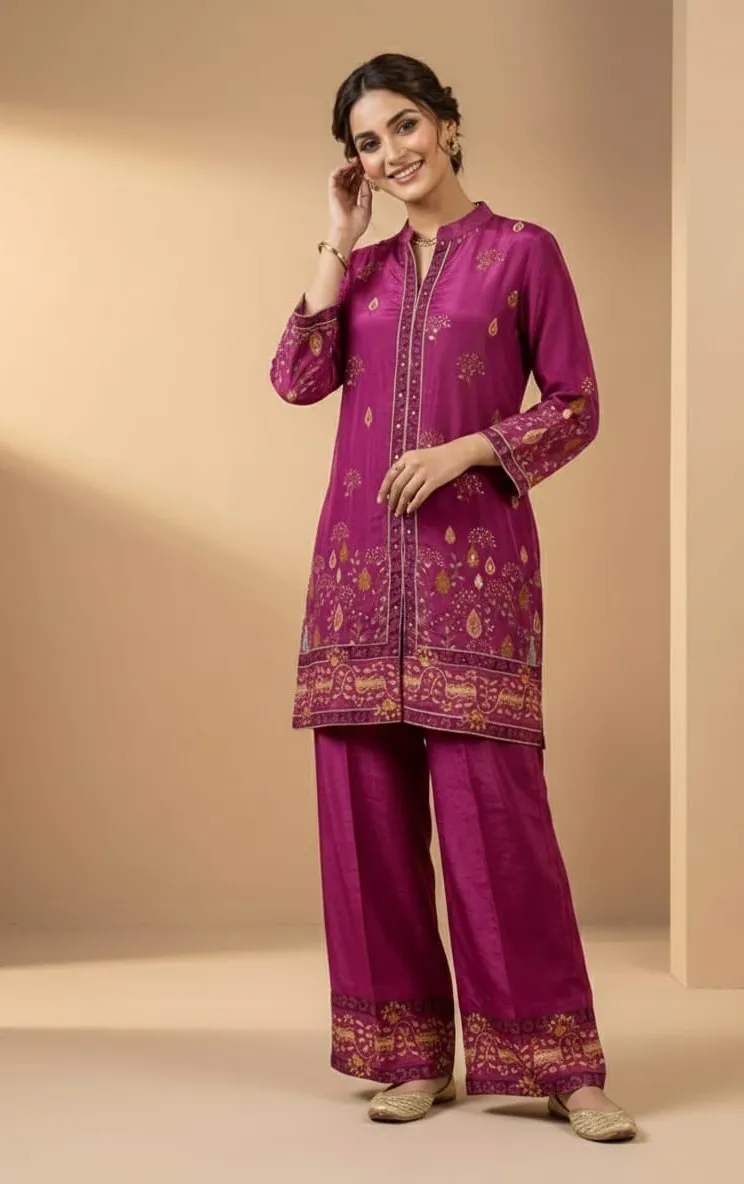 Women's Purple Crape Floral Printed Co-Ords set