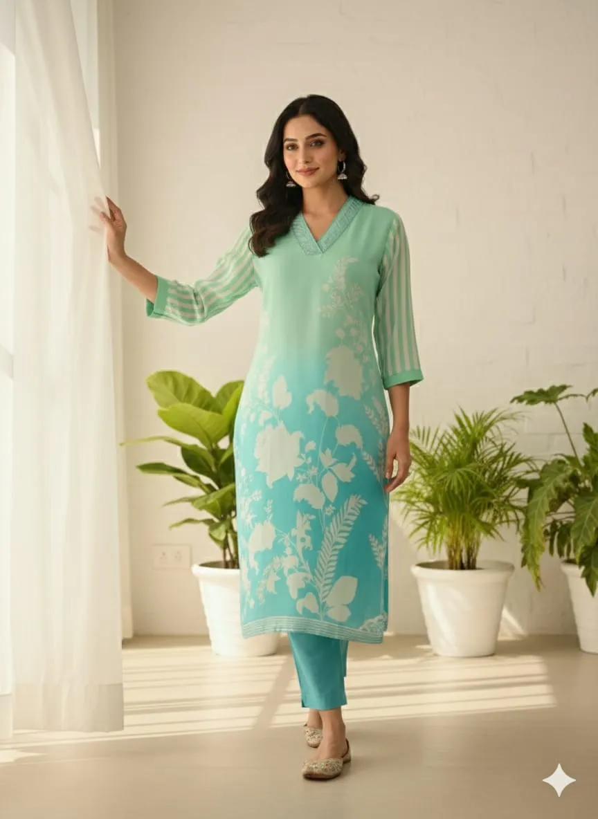 Women's Sky Blue Musline Printed Kurti with Trouser