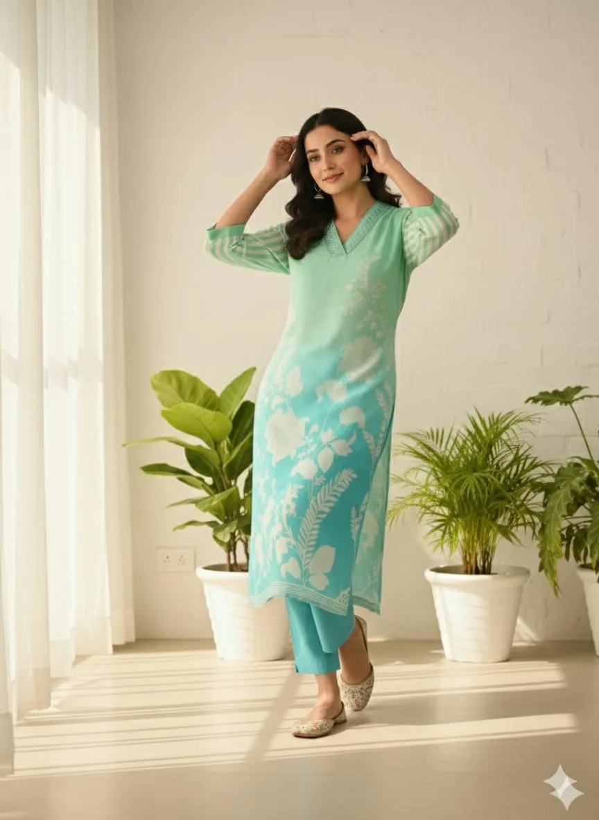 Women's Sky Blue Musline Printed Kurti with Trouser