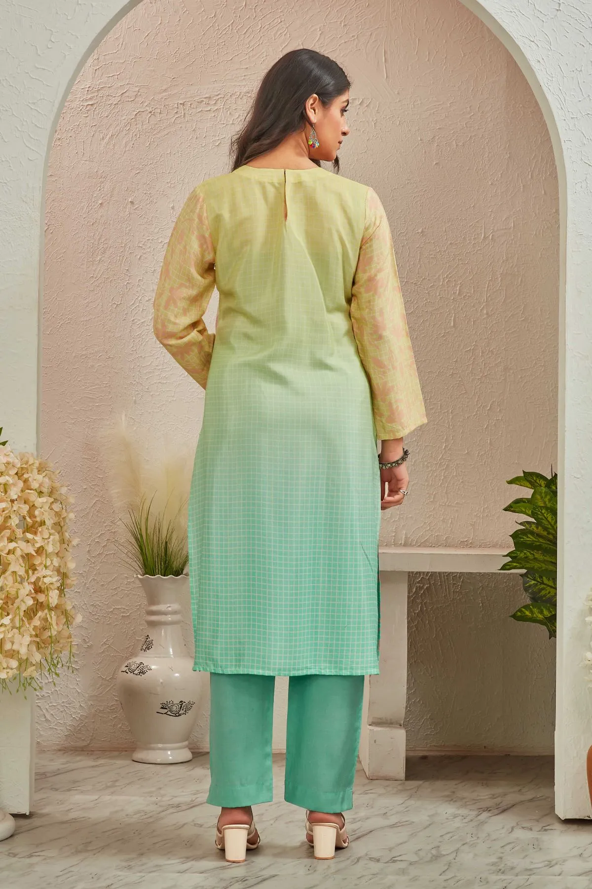 Women's  Yellow and Green Musline Printed Kurti with Trouser