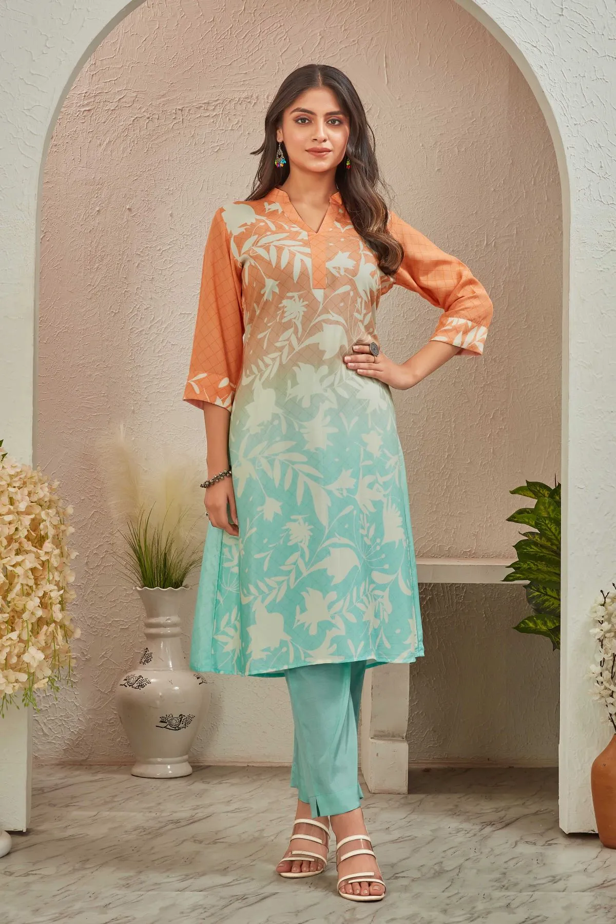 Women's Sky blue Orange Cellina Printed Kurti with Trouser