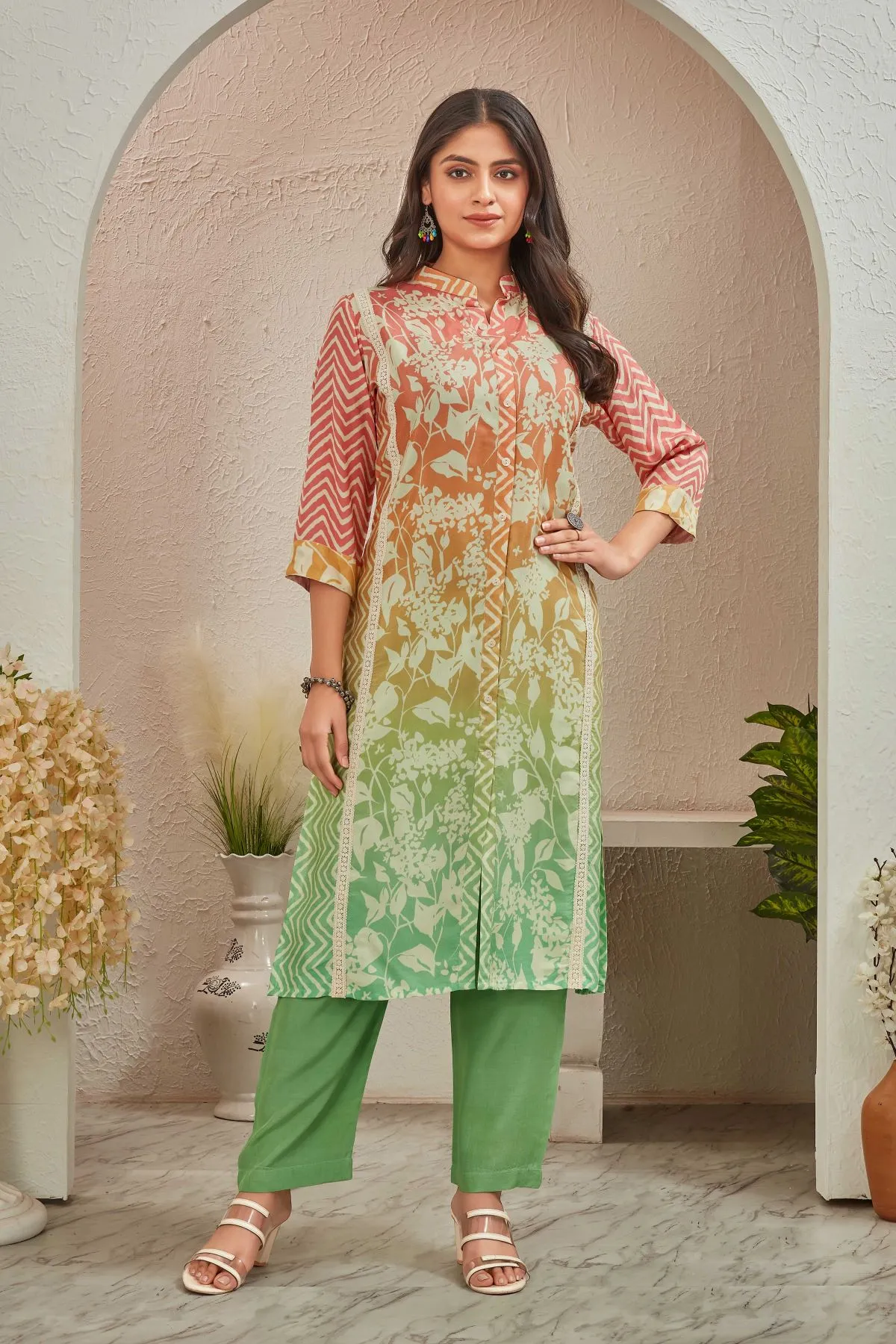 Women's Red & Green Cellina Ikkat Printed Kurti with Trouser