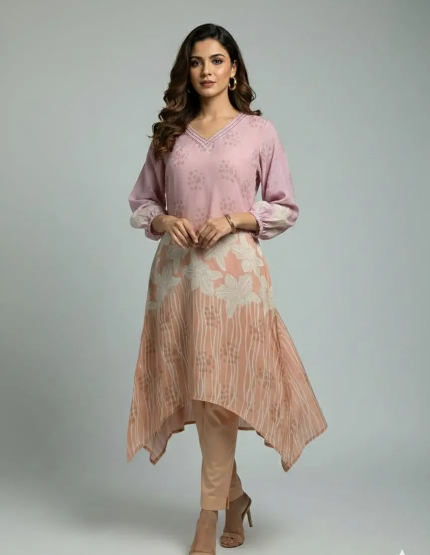 Women's Peach and Purple A-line  Cellina floral Printed Kurti with Trouser