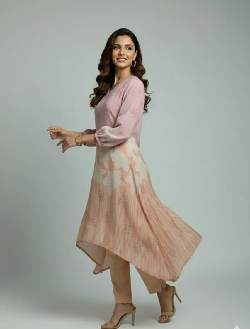 Women's Peach and Purple A-line  Cellina floral Printed Kurti with Trouser