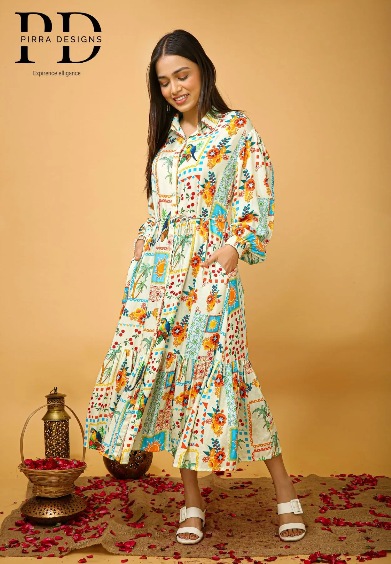 Women's OffWhite  Rayon floral Printed Shirt style Dress