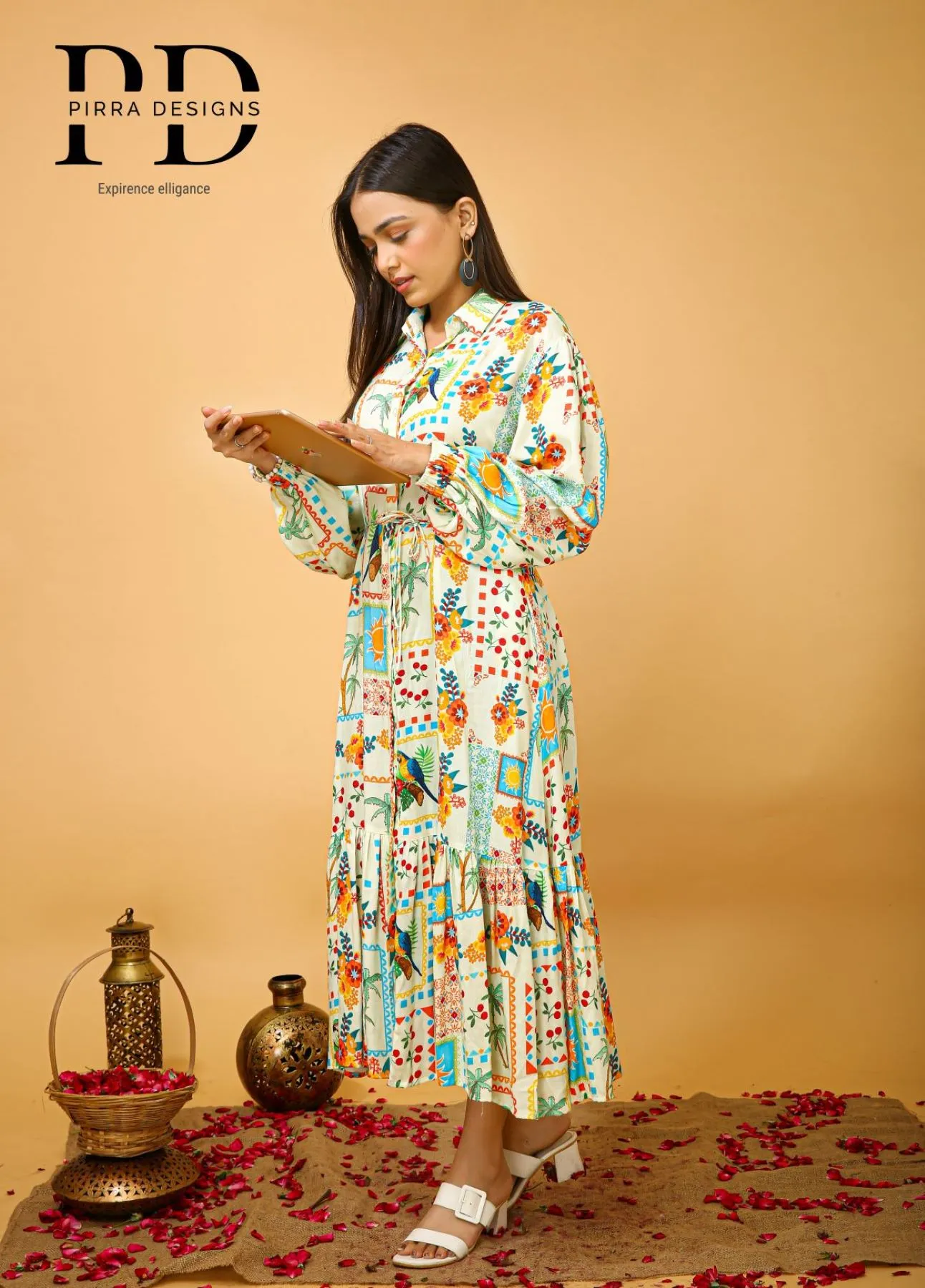 Women's OffWhite  Rayon floral Printed Shirt style Dress