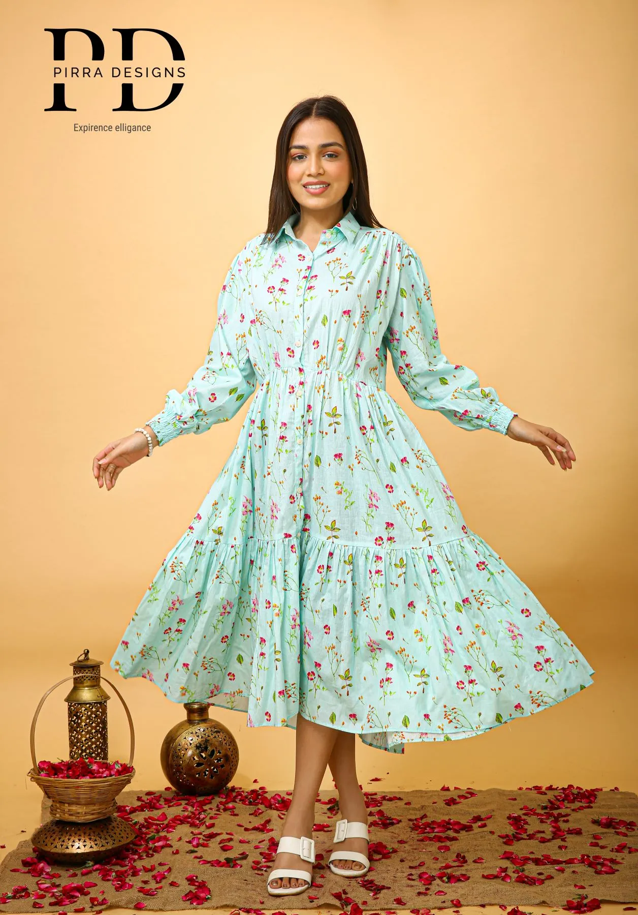 Women's Sky blue  Cambric cotton maxi dress  floral Printed top