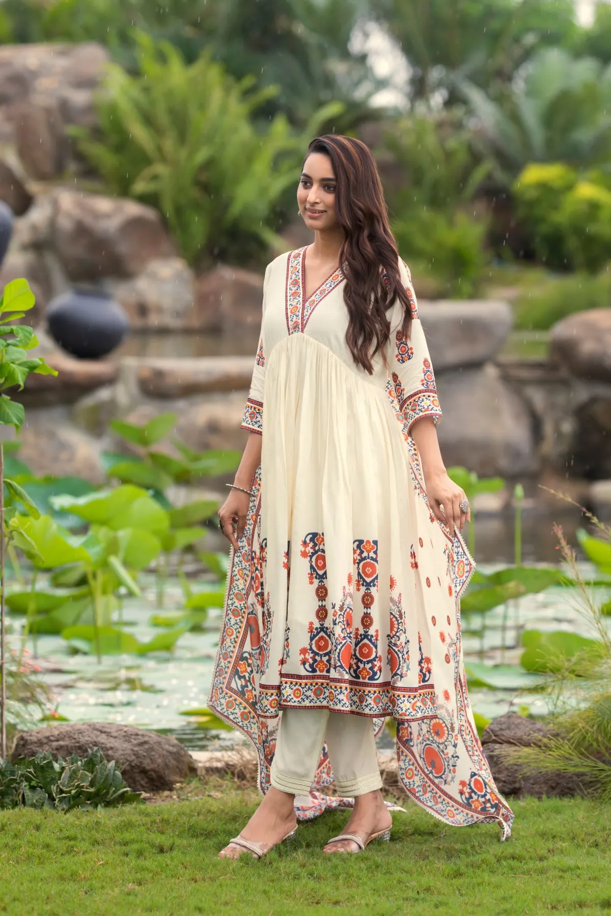 Women's OffWhite  Musline  floral Printed Anarkali and Trouser with Printed Dupatta