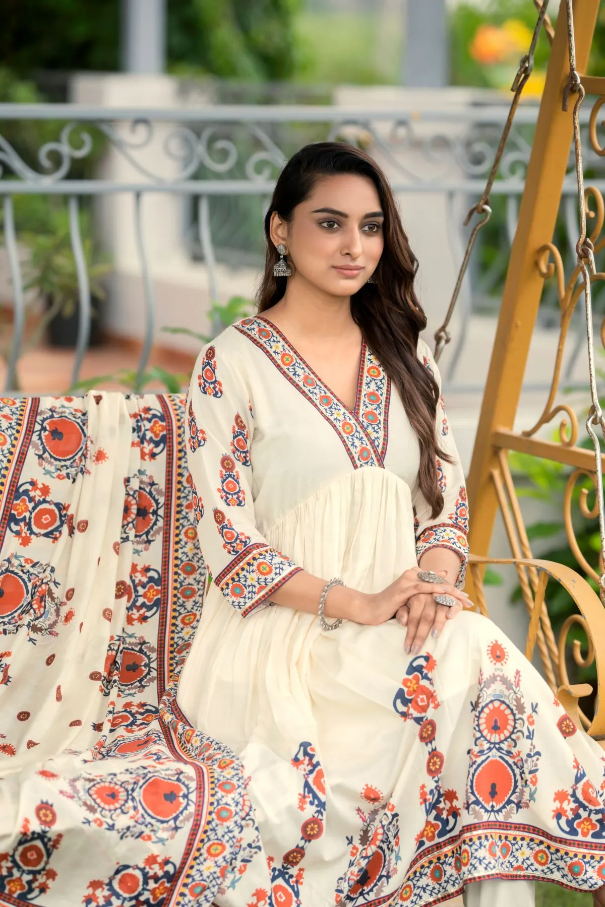 Women's OffWhite  Musline  floral Printed Anarkali and Trouser with Printed Dupatta