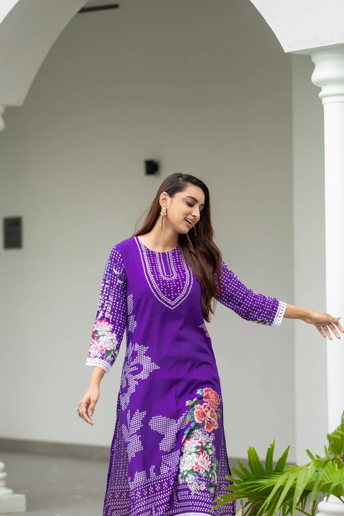 Women's Purple Musline floral Printed Top Kurta