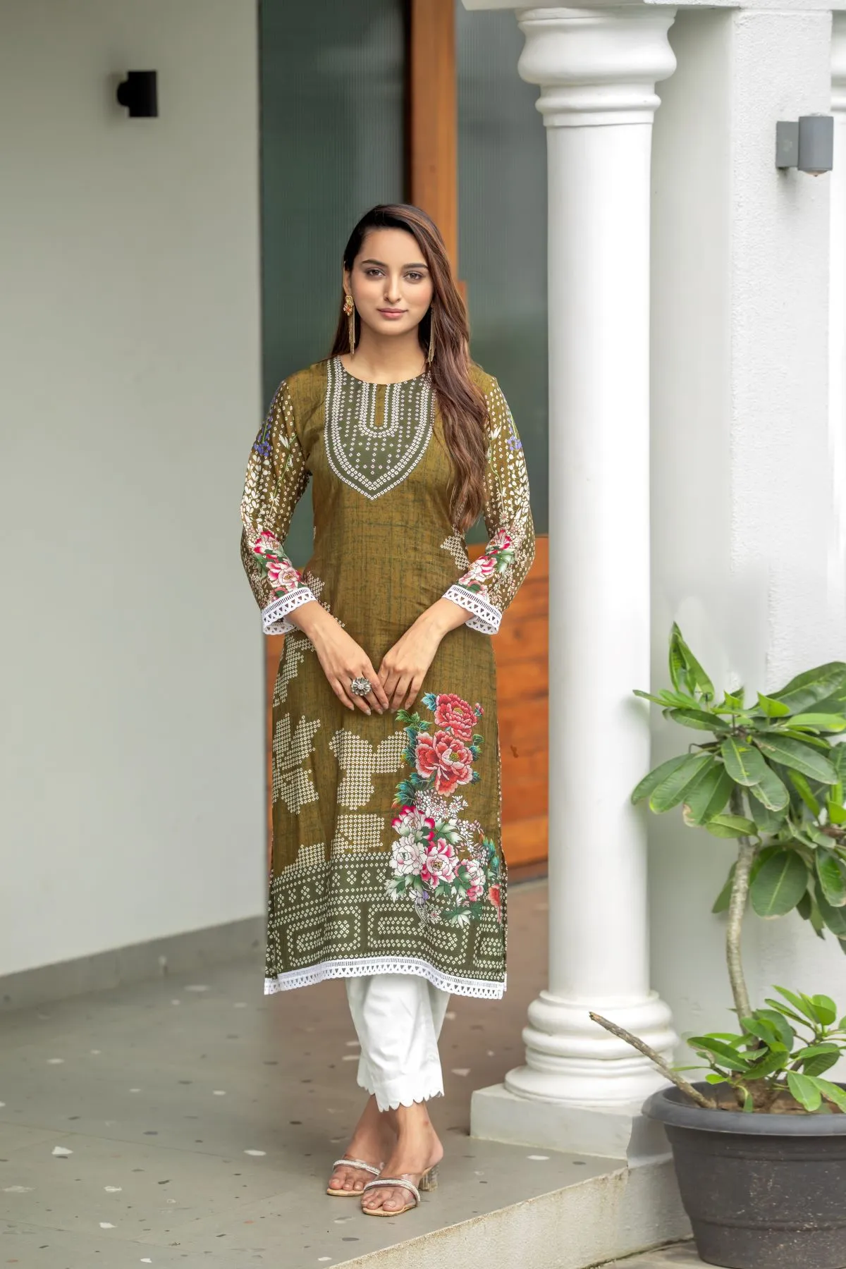 Women's Olive Green Musline floral Printed Top Kurta