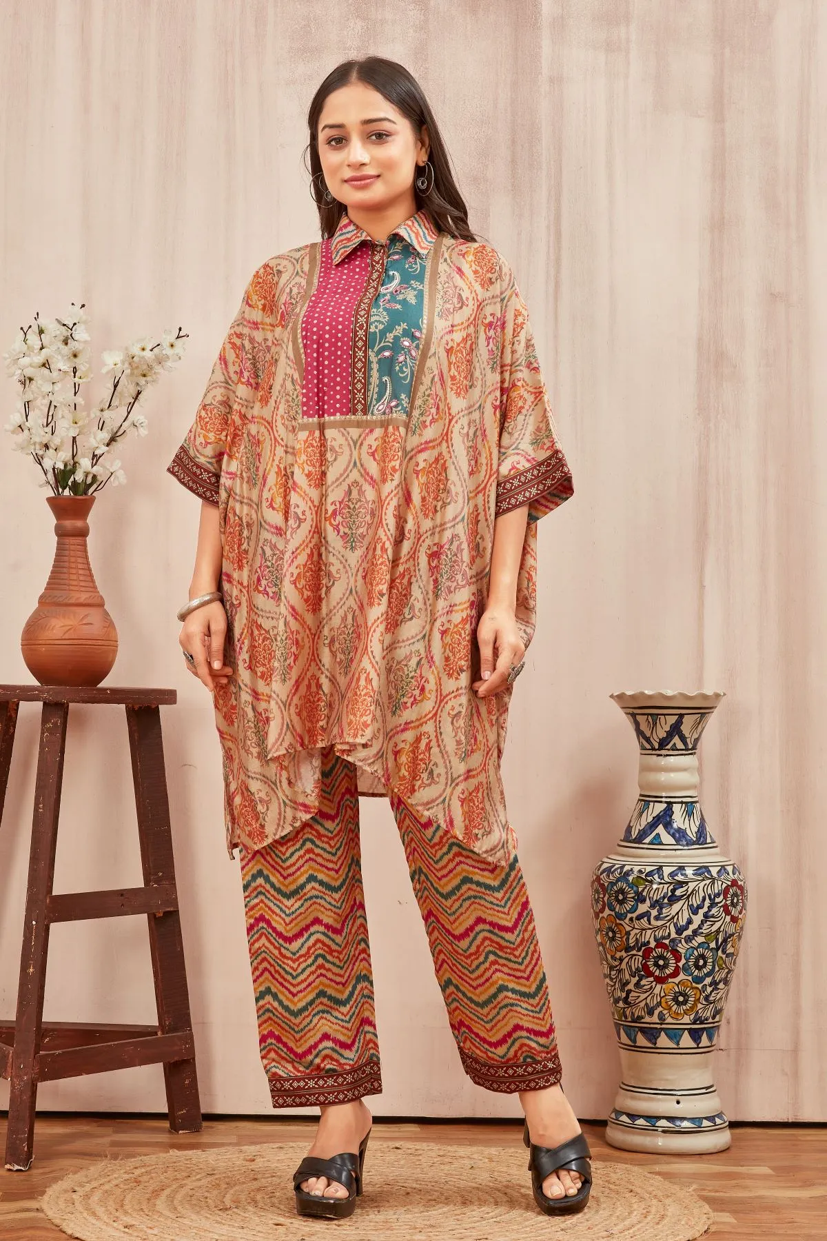 Women's Off White & Brown, Pink Ethnic Printed Chanderi Kafftan Syle Co-ord set