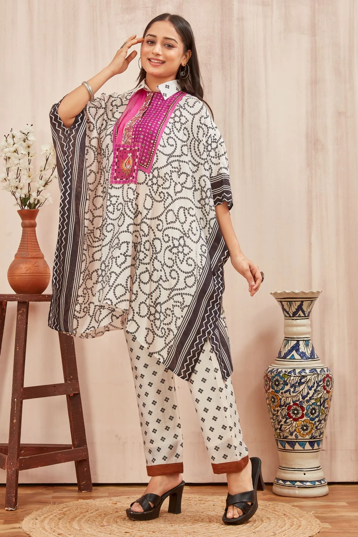 Women's Off White  Ethnic Printed Chanderi Kafftan Syle Co-ord set