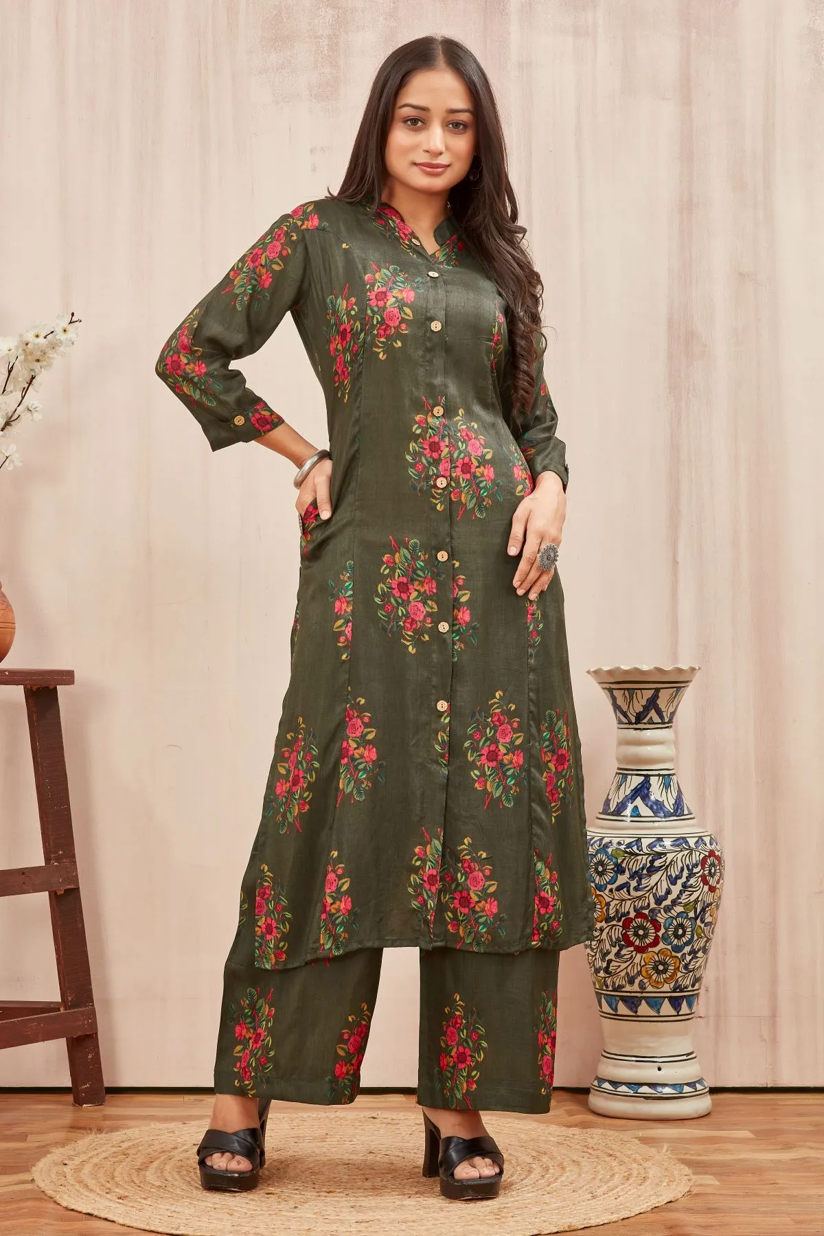 Women's Dark Green Kurti with Plazo Trouser Ethnic Printed Russian Silk Kurta set