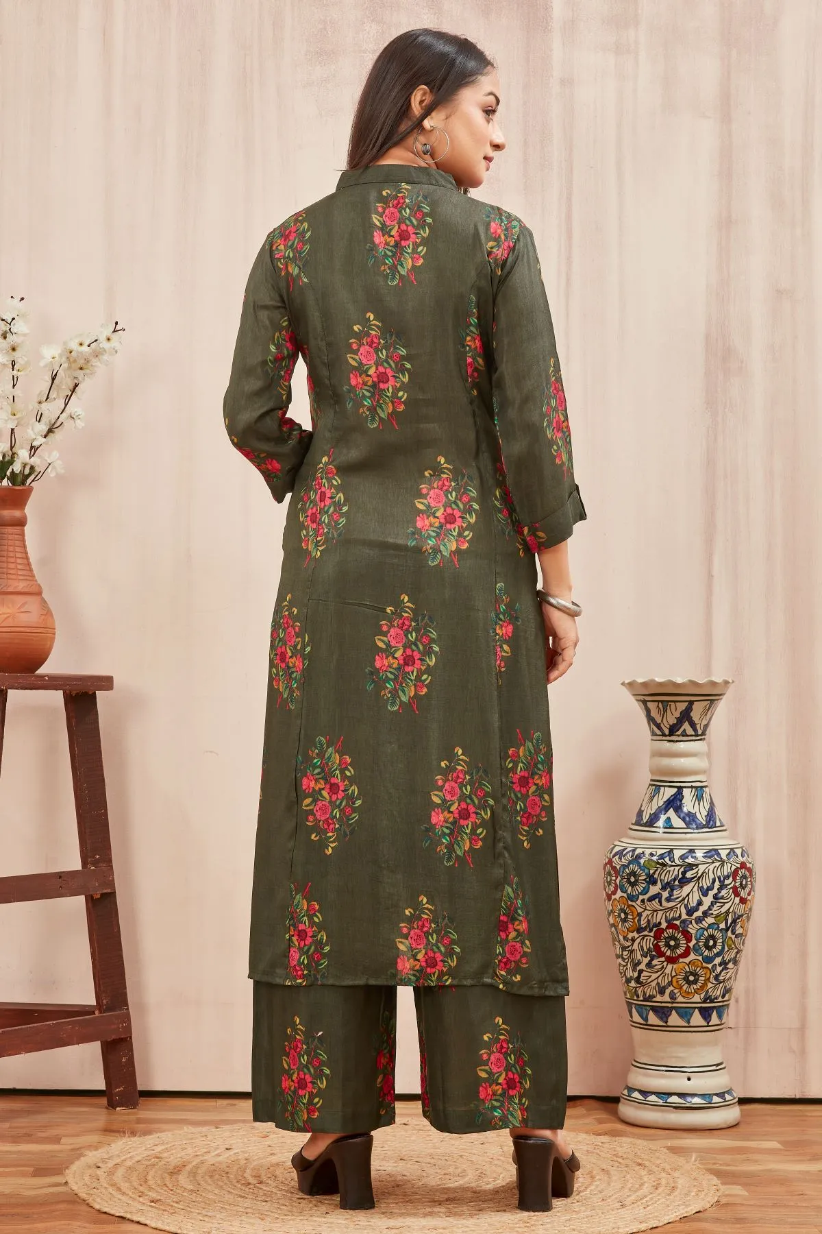 Women's Dark Green Kurti with Plazo Trouser Ethnic Printed Russian Silk Kurta set